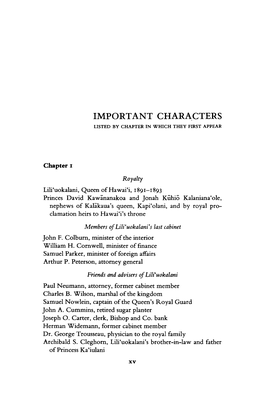 Important Characters Listed by Chapter in Which They First Appear