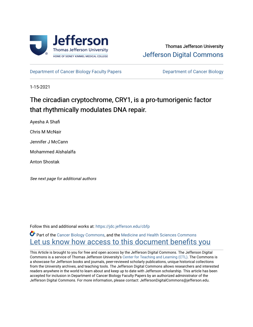 The Circadian Cryptochrome, CRY1, Is a Pro-Tumorigenic Factor That Rhythmically Modulates DNA Repair