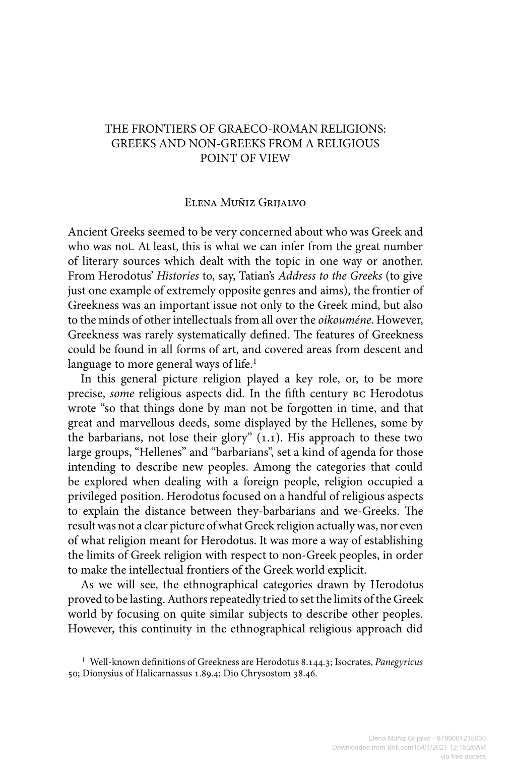 The Frontiers of Graeco-Roman Religions: Greeks and Non-Greeks from a Religious Point of View