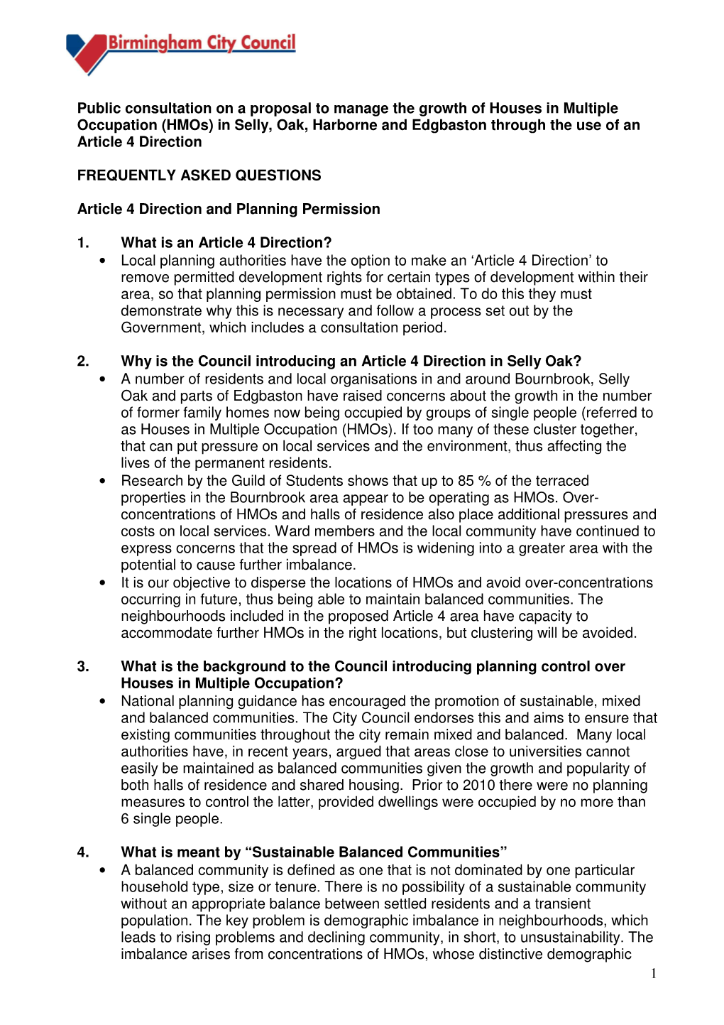 (Hmos) in Selly, Oak, Harborne and Edgbaston Through the Use of an Article 4 Direction