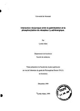 Interaction Réciproque Entre La Palmitylation Et La Phosphorylation Du Récepteur Pz-Adrénergique