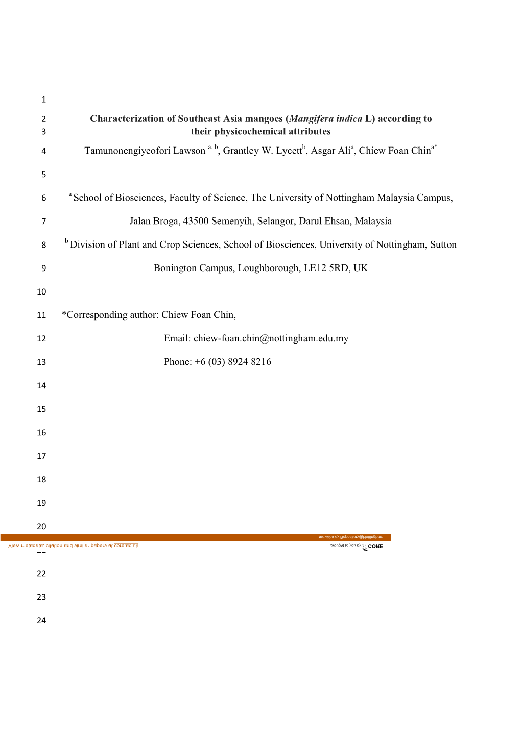 Characterization of Southeast Asia Mangoes (Mangifera Indica L) According to 3 Their Physicochemical Attributes