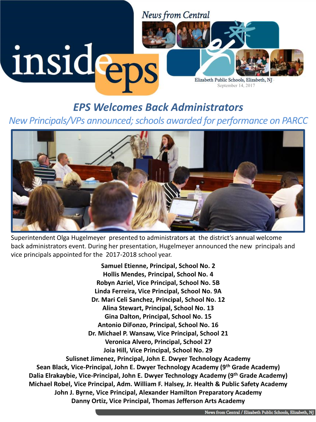EPS Welcomes Back Administrators New Principals/Vps Announced; Schools Awarded for Performance on PARCC