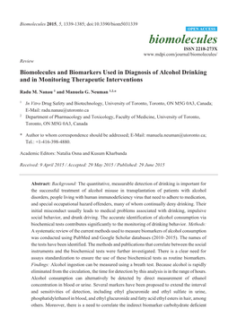 Biomolecules and Biomarkers Used in Diagnosis of Alcohol Drinking and in Monitoring Therapeutic Interventions