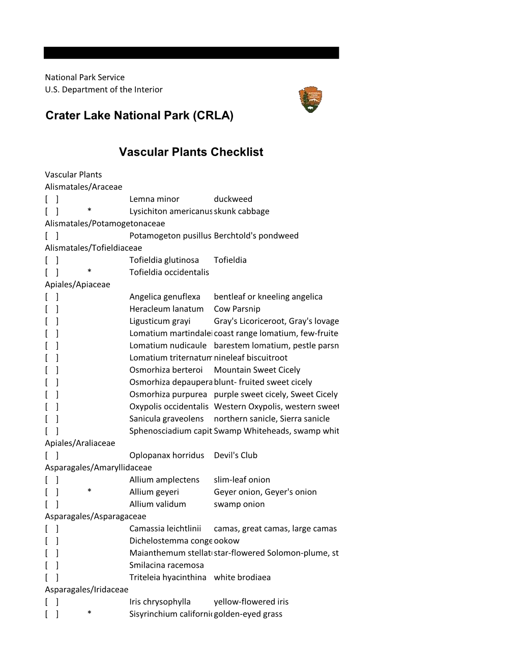 Vascular Plants Checklist