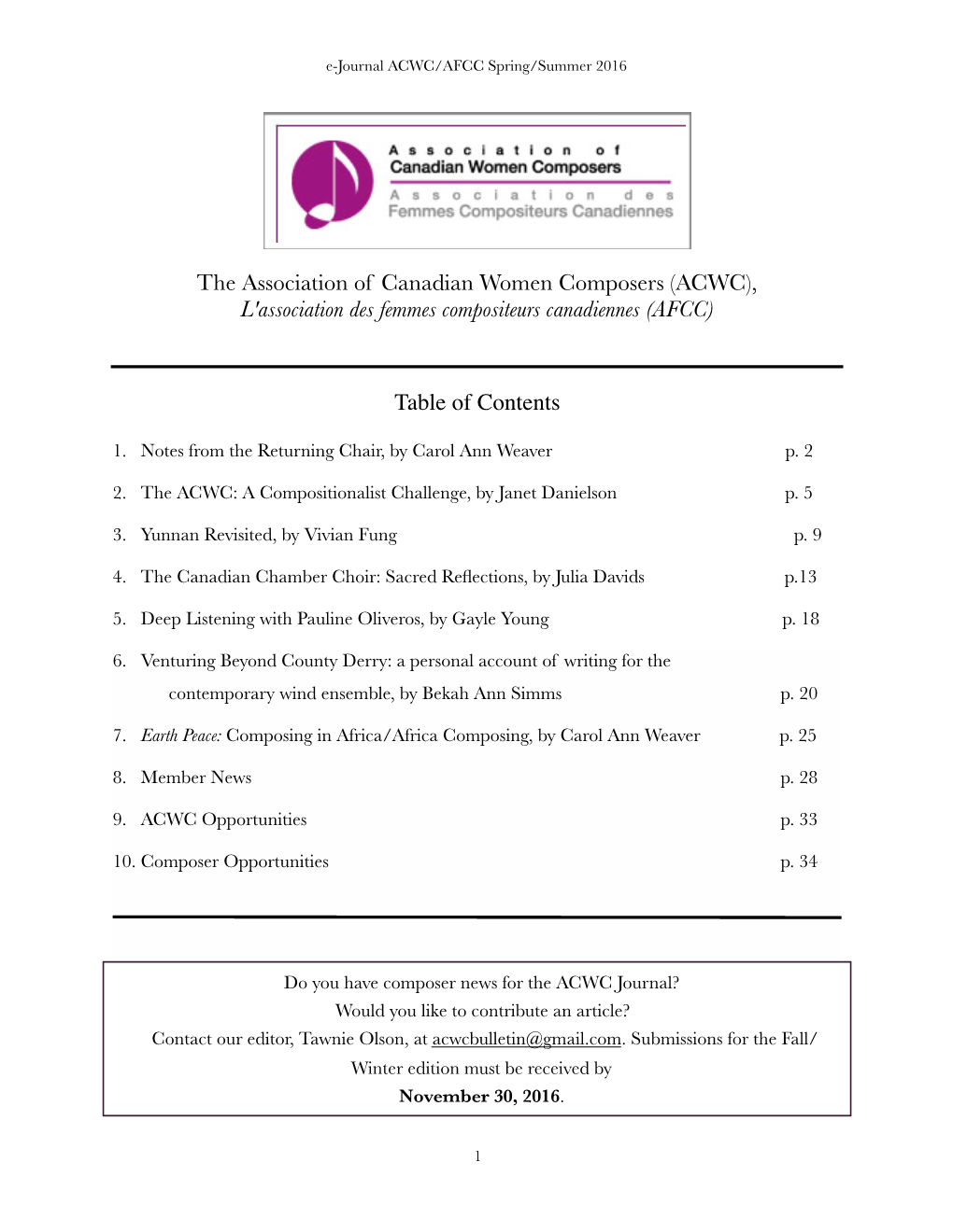 The Association of Canadian Women Composers (ACWC), L'association Des Femmes Compositeurs Canadiennes (AFCC) Table of Contents