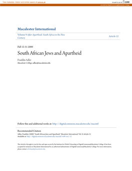 South African Jews and Apartheid Franklin Adler Macalester College, Adler@Macalester.Edu