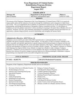 Texas Department of Criminal Justice Rehabilitation Programs Division Department Report August 2012