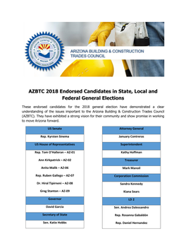 AZBTC 2018 Endorsed Candidates in State, Local and Federal General Elections