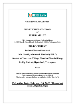 E-Auction Date: February 20, 2020 (Thursday) from 4.00 Pm to 5.00 Pm