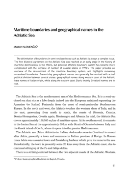 Maritime Boundaries and Geographical Names in the Adriatic Sea