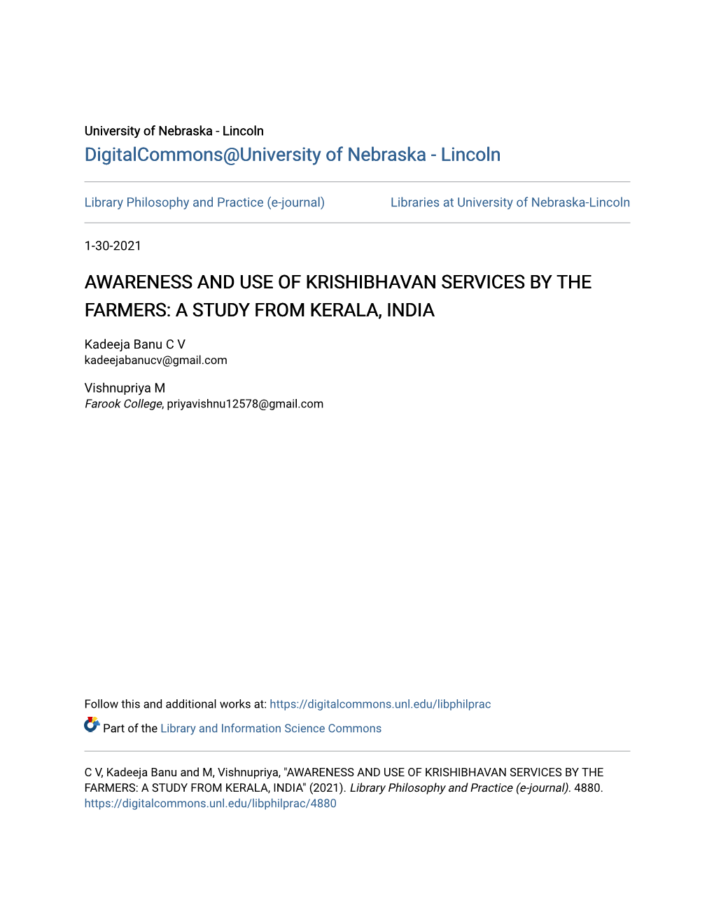 Awareness and Use of Krishibhavan Services by the Farmers: a Study from Kerala, India