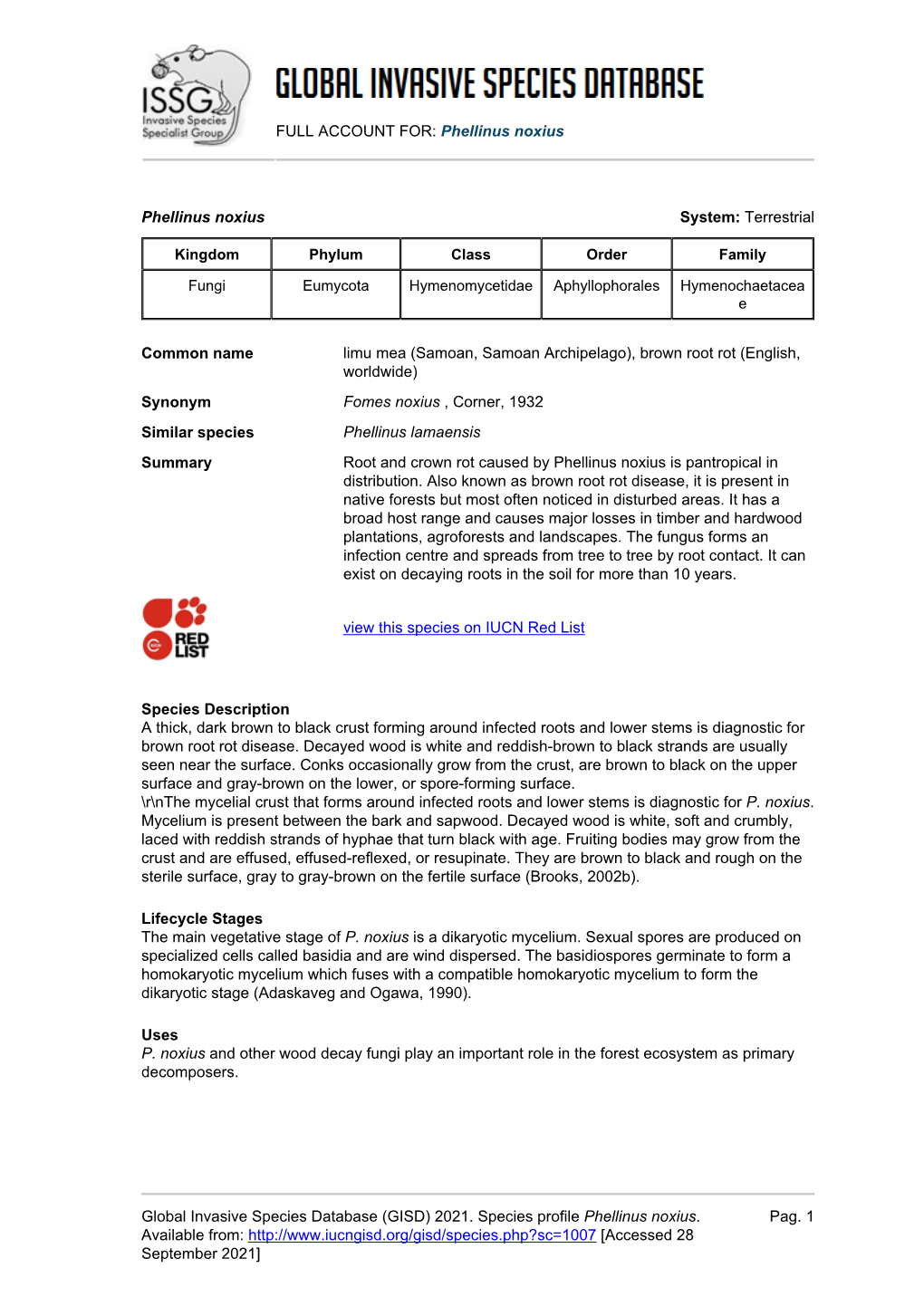 (GISD) 2021. Species Profile Phellinus Noxius. Available