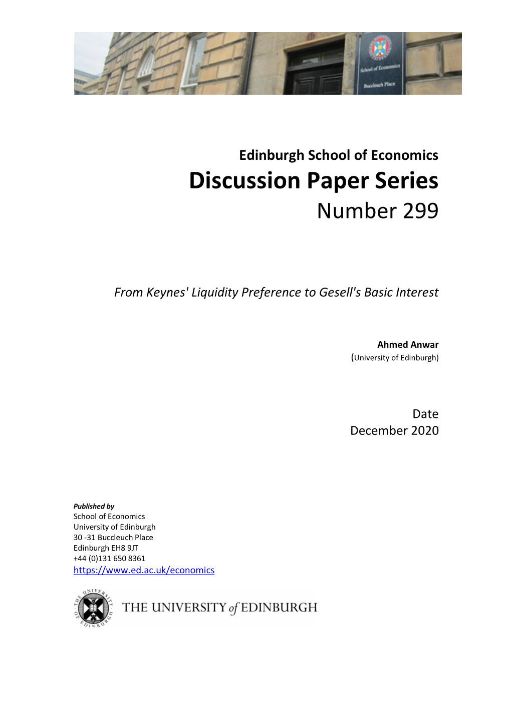 Edinburgh School of Economics Discussion Paper Series Number 299