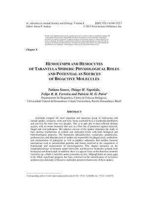 Hemolymph and Hemocytes of Tarantula Spiders: Physiological Roles and Potential As Sources of Bioactive Molecules