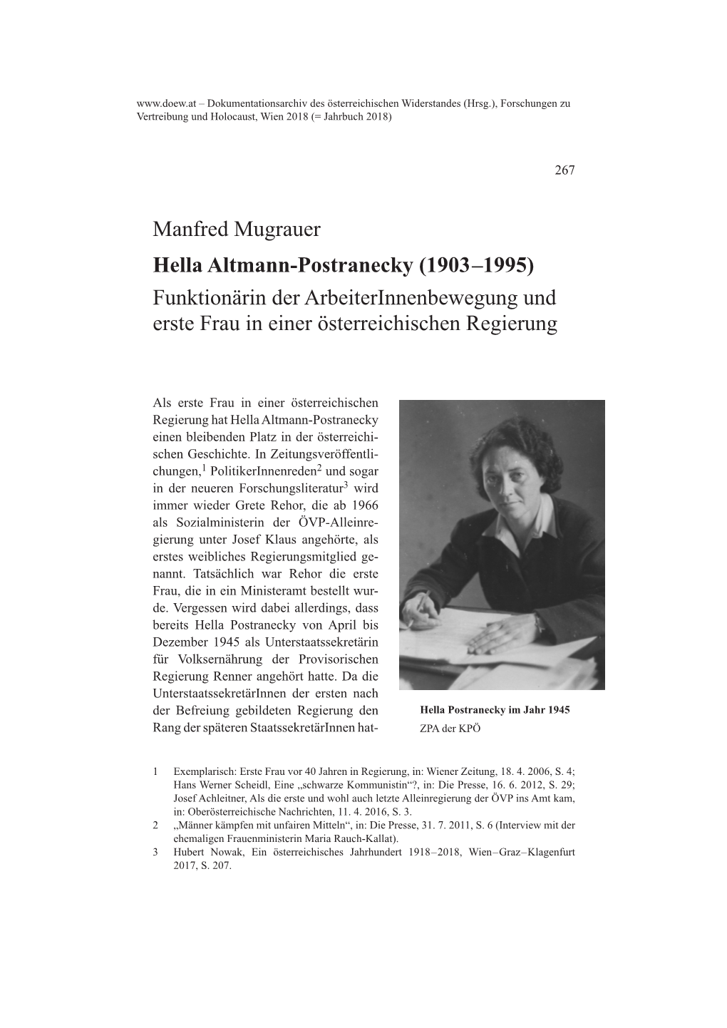 Manfred Mugrauer Hella Altmann-Postranecky (1903–1995) Funktionärin Der Arbeiterinnenbewegung Und Erste Frau in Einer Österreichischen Regierung