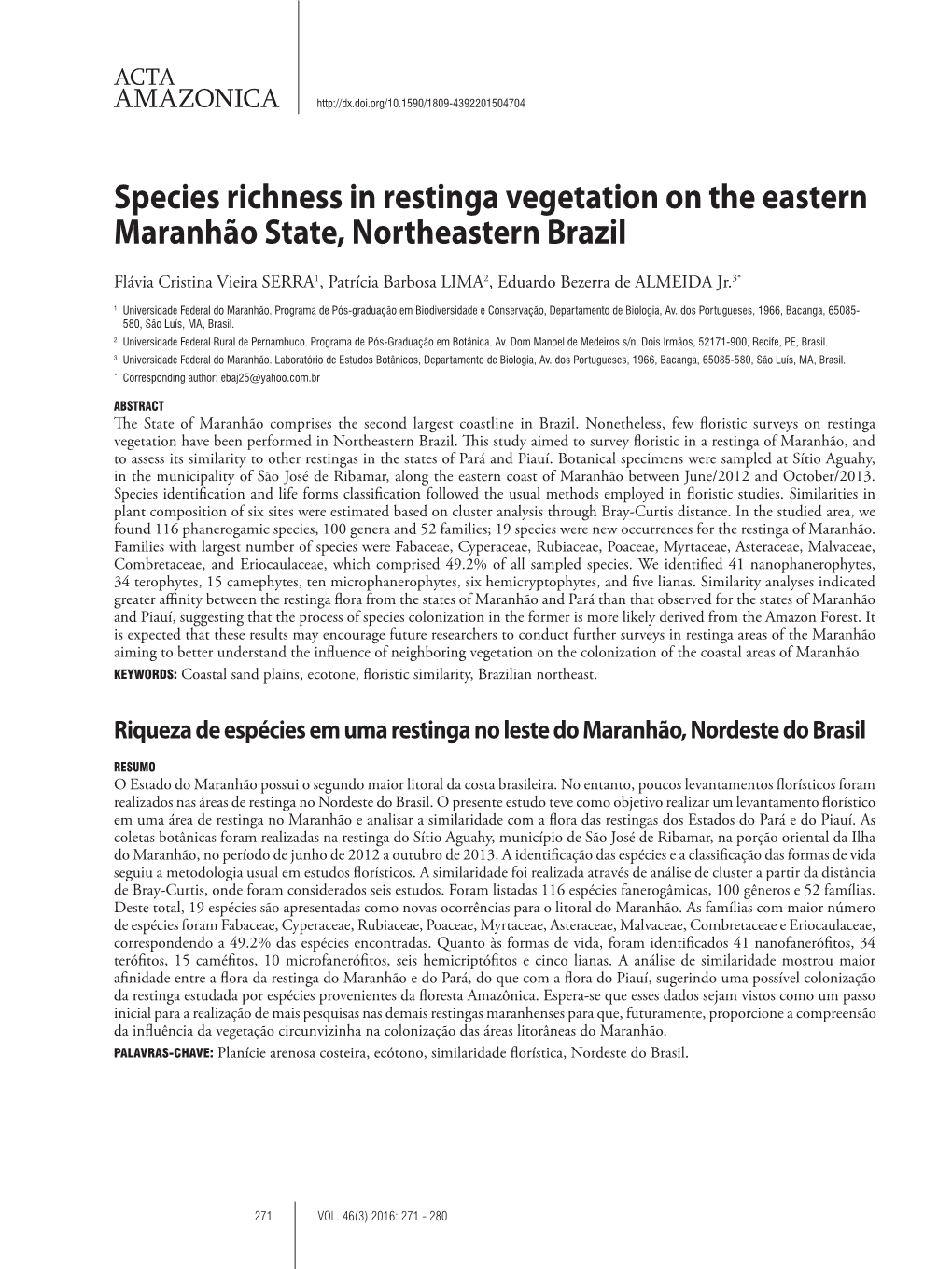 Species Richness in Restinga Vegetation on the Eastern Maranhão State, Northeastern Brazil