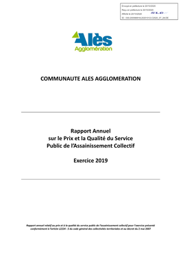 COMMUNAUTE ALES AGGLOMERATION Rapport Annuel Sur Le Prix Et La Qualité Du Service Public De L'assainissement Collectif Exer