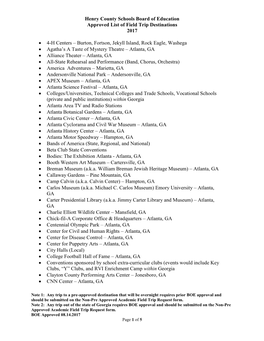 Henry County Schools Board of Education Approved List of Field Trip Destinations 2017