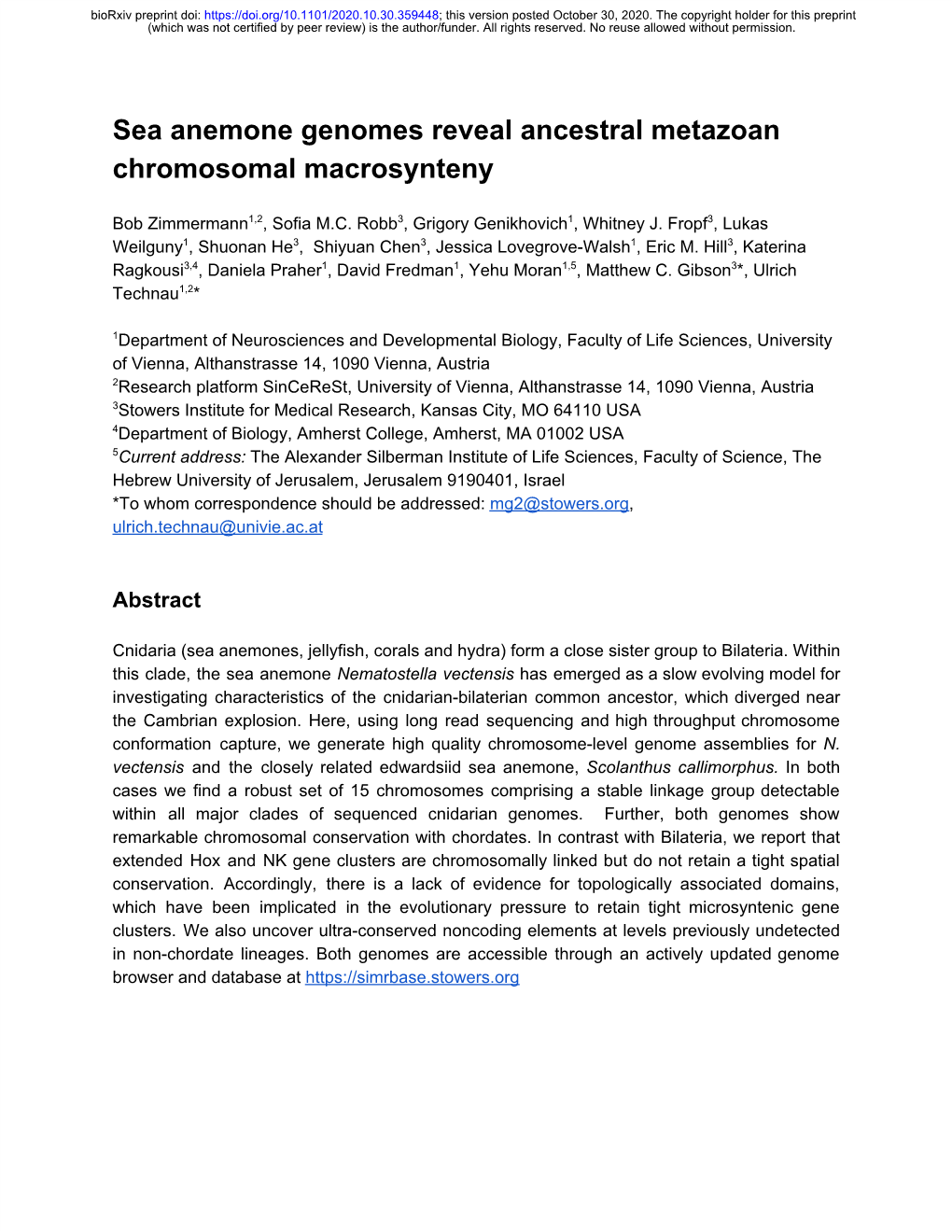 Sea Anemone Genomes Reveal Ancestral Metazoan Chromosomal Macrosynteny