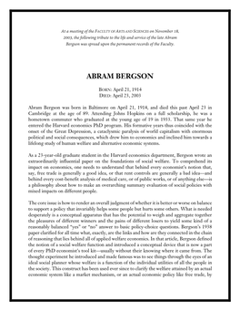Abram Bergson Was Spread Upon the Permanent Records of the Faculty