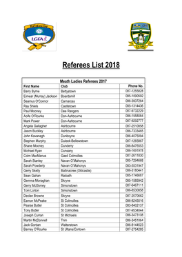 Referees List 2018