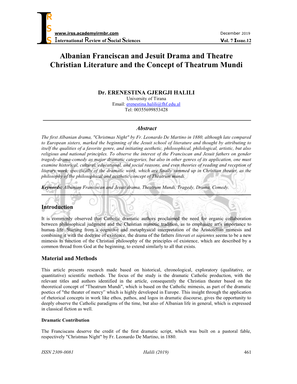 R S S Albanian Franciscan and Jesuit Drama and Theatre Christian