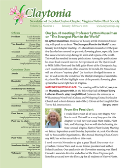 Claytonia Newsletter of the John Clayton Chapter, Virginia Native Plant Society Volume 34, Number 1 January–February 2018