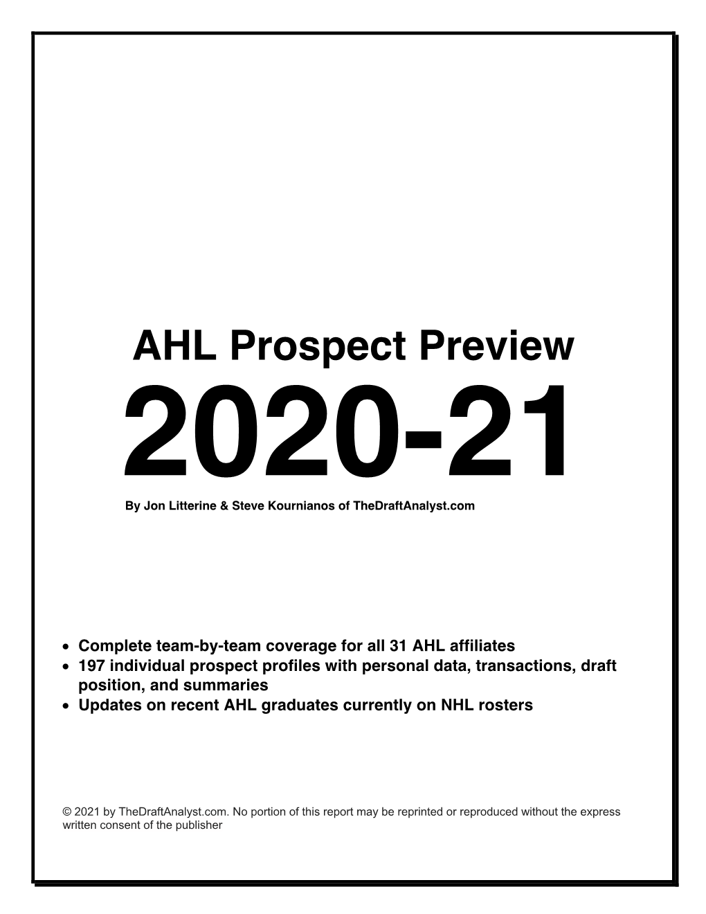 AHL Prospect Preview 2020-21 by Jon Litterine & Steve Kournianos of Thedraftanalyst.Com