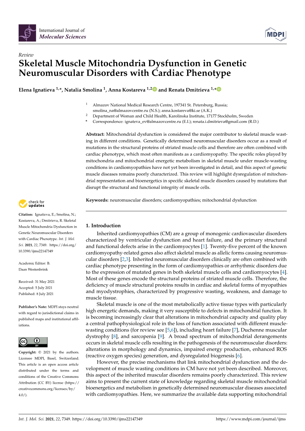 Skeletal Muscle Mitochondria Dysfunction in Genetic Neuromuscular Disorders with Cardiac Phenotype