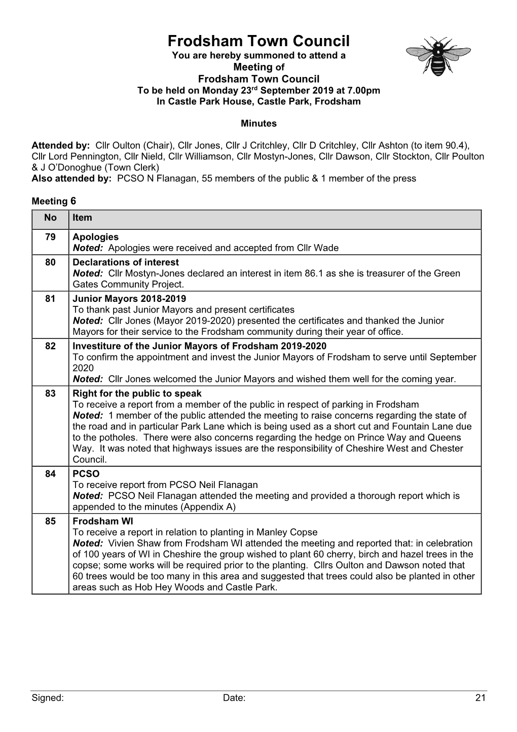 Frodsham Town Council Minutes 23-09-19