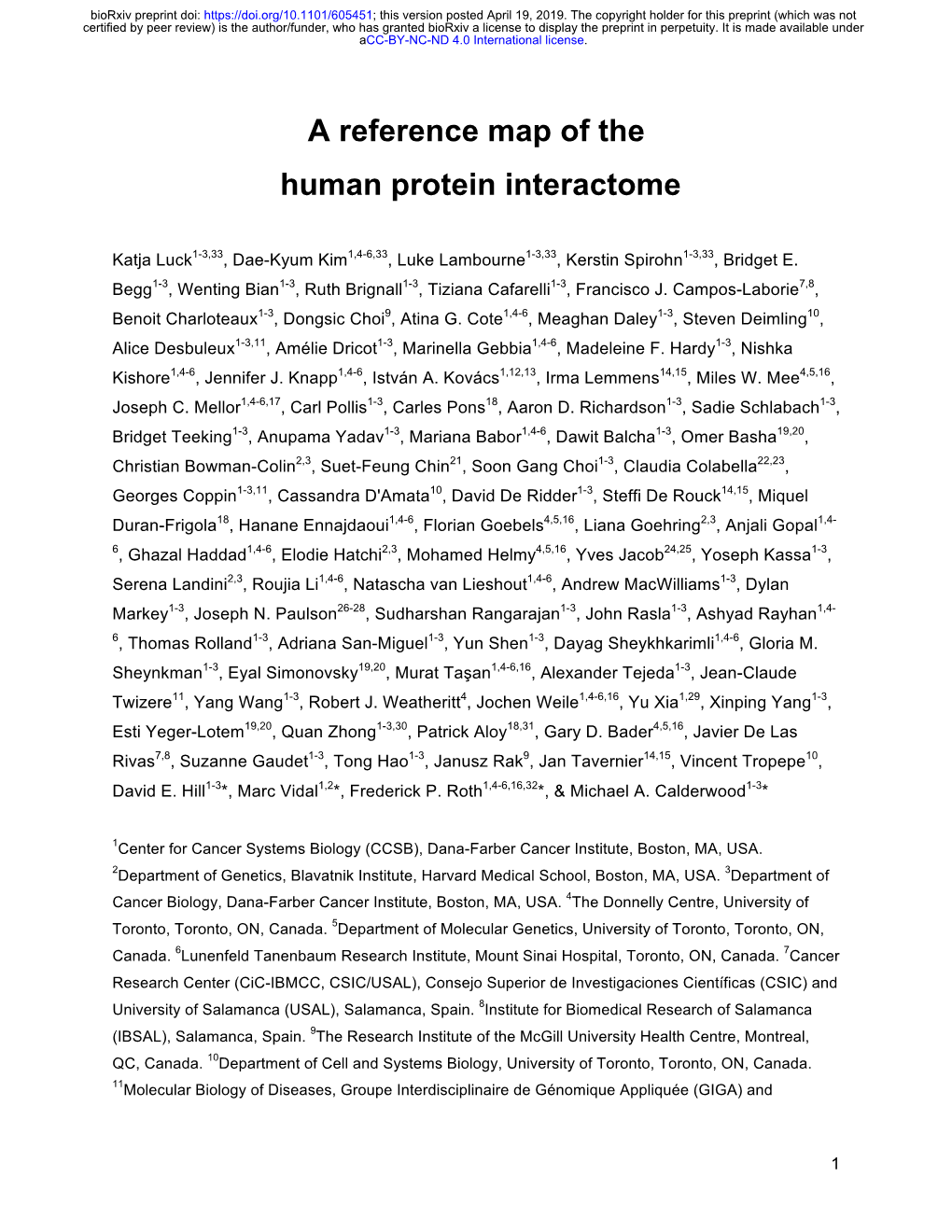 A Reference Map of the Human Protein Interactome