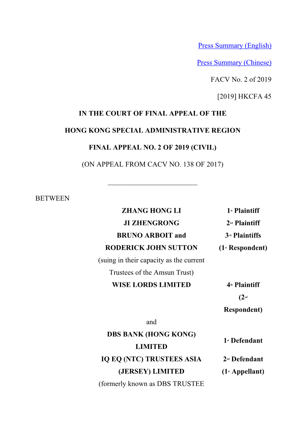 [2019] Hkcfa 45 in the Court of Final Appeal of the Hong Kong