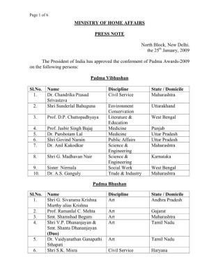 Padma Awards-2009 on the Following Persons