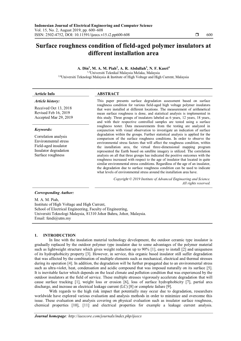 Surface Roughness Condition of Field-Aged Polymer Insulators at Different Installation Area