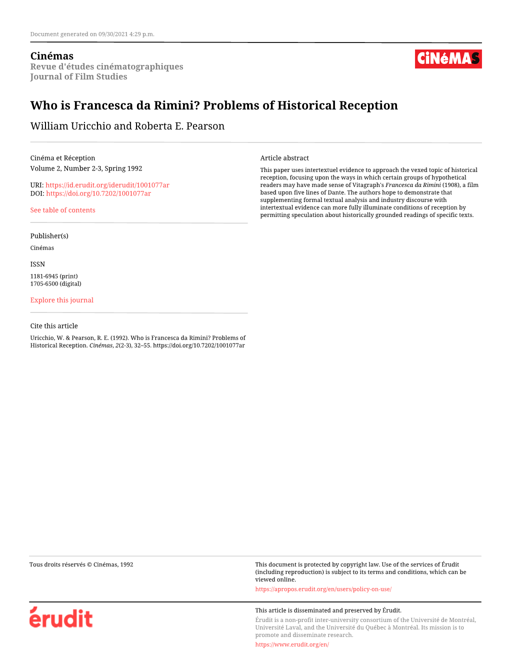 Who Is Francesca Da Rimini? Problems of Historical Reception William Uricchio and Roberta E