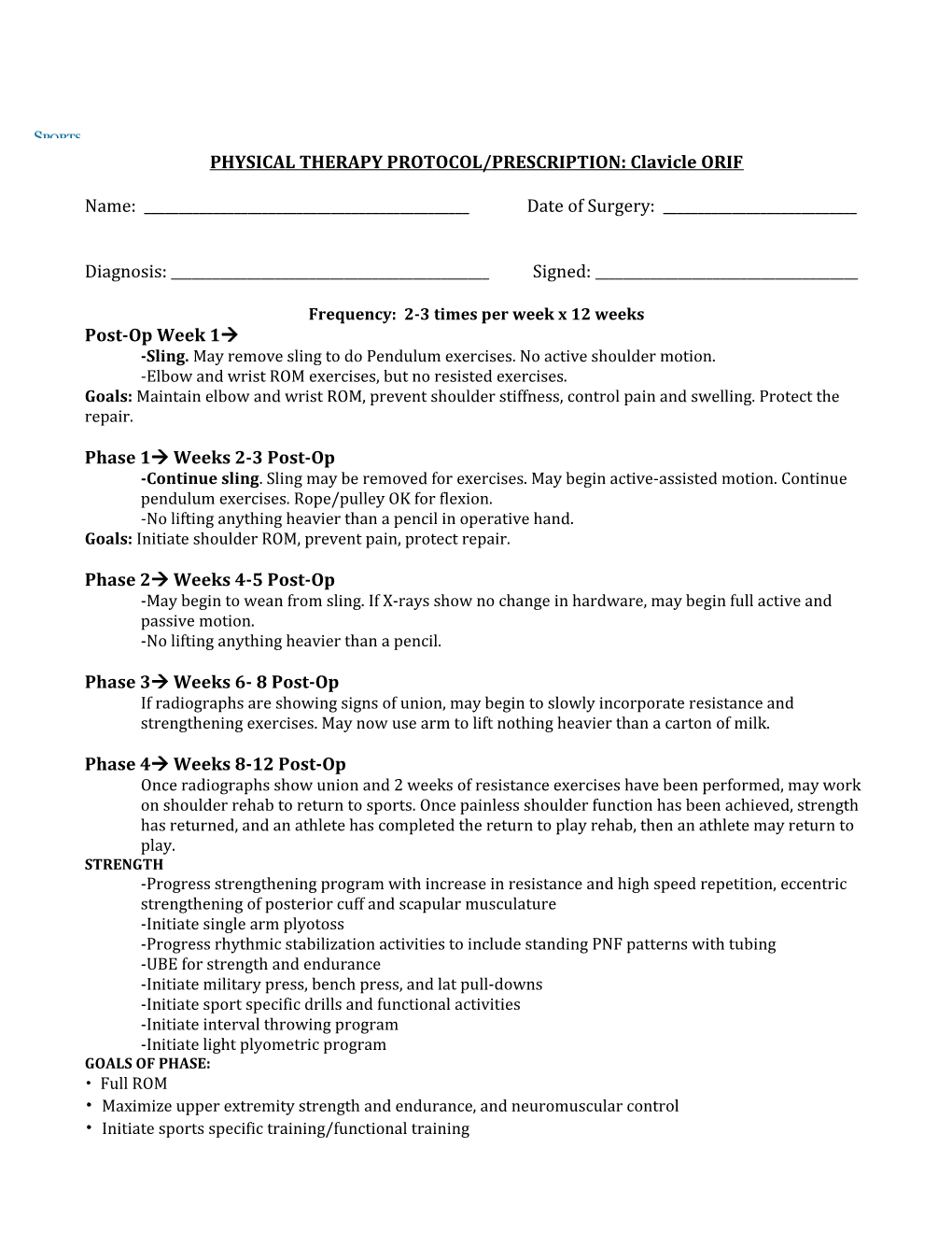 PHYSICAL THERAPY PROTOCOL/PRESCRIPTION: Clavicle ORIF