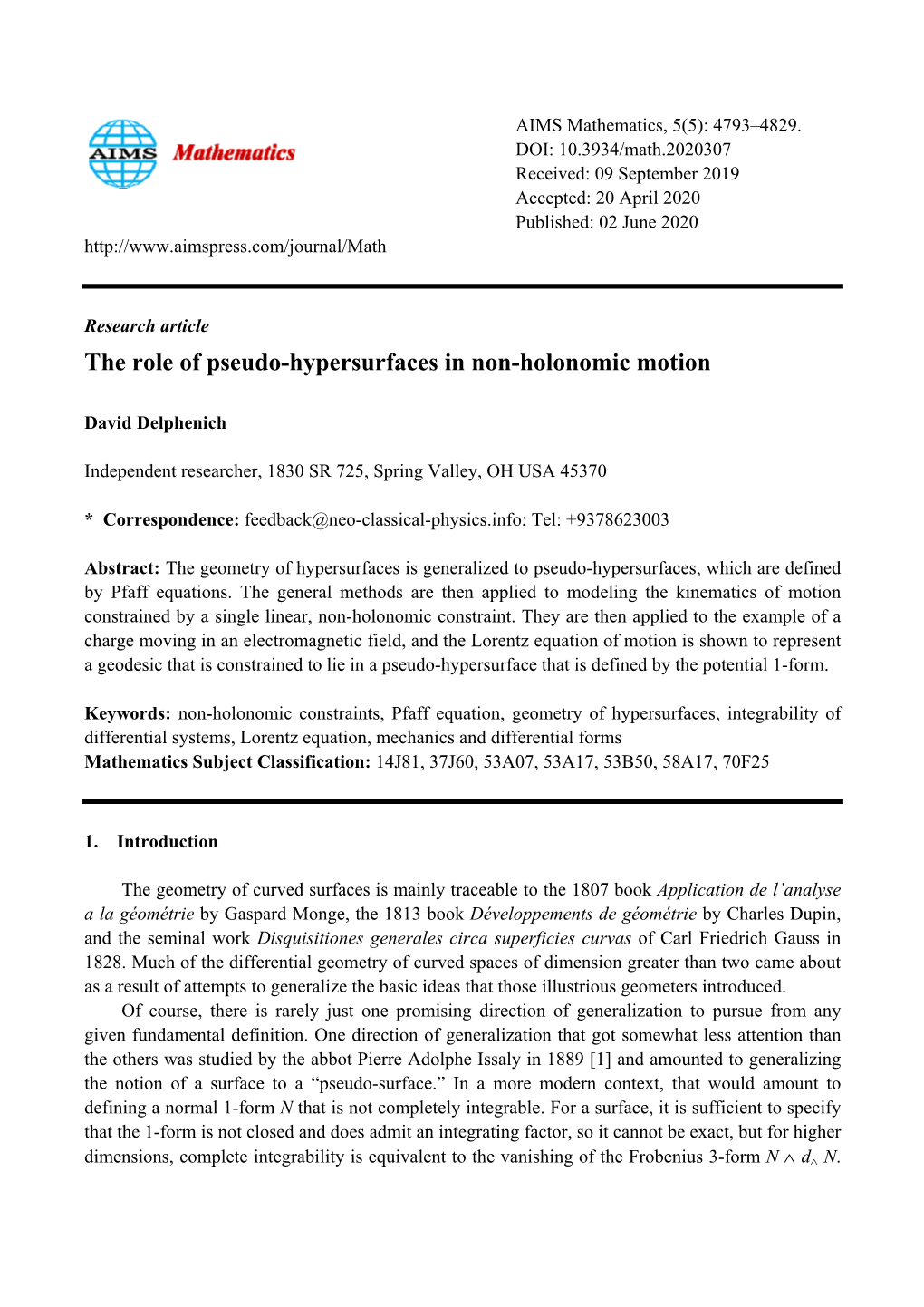 The Role of Pseudo-Hypersurfaces in Non-Holonomic Motion