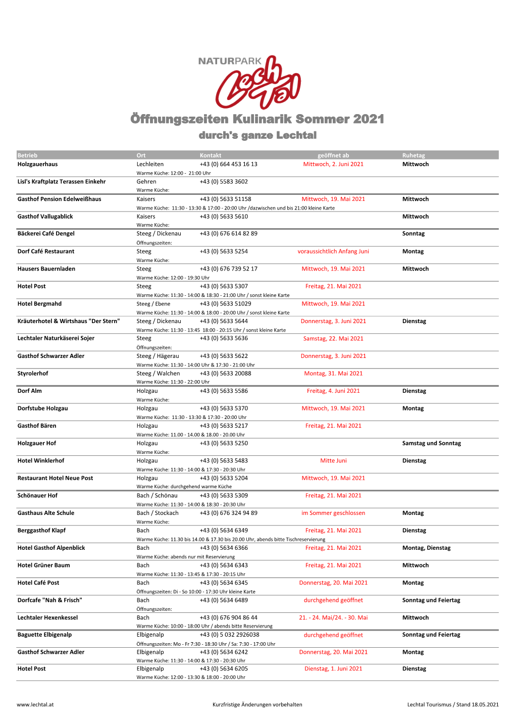 Öffnungszeiten Kulinarik Sommer 2021 Durch's Ganze Lechtal