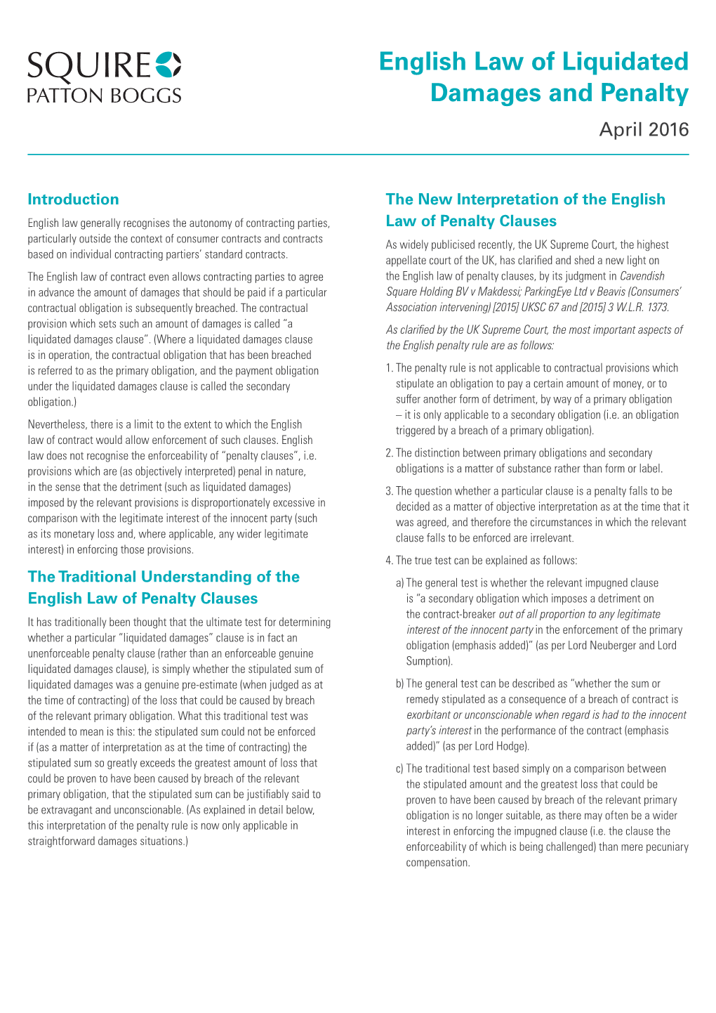 English Law of Liquidated Damages and Penalty April 2016