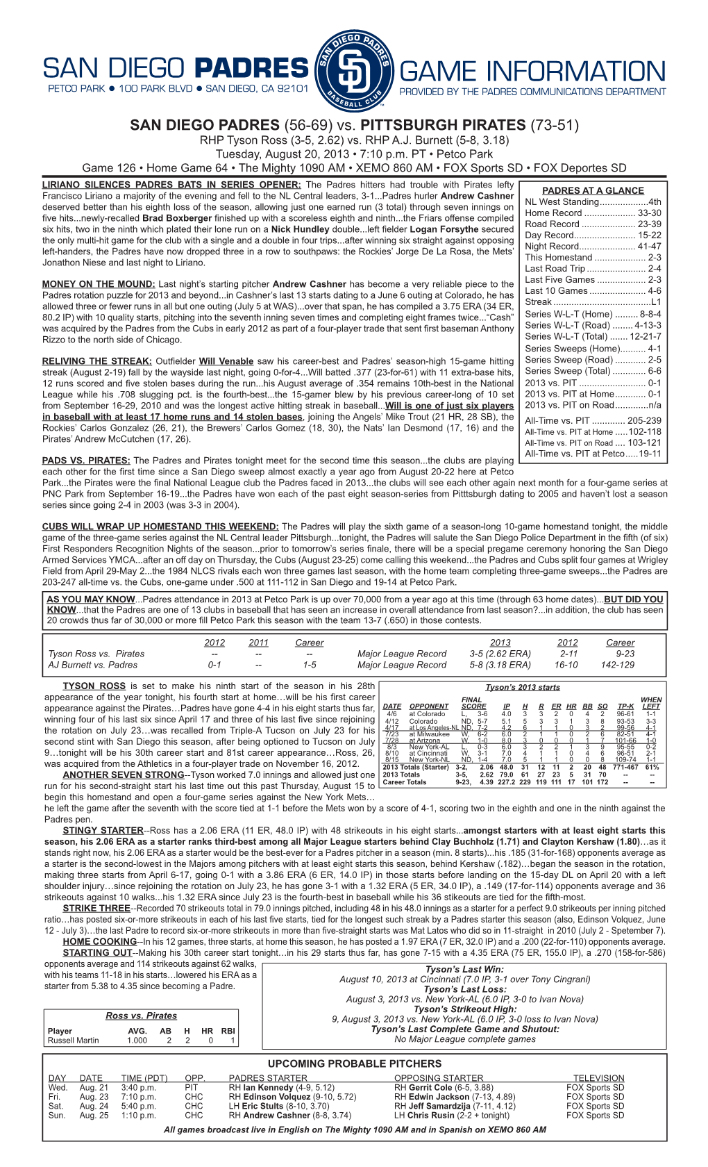 Game Information San Diego Padres