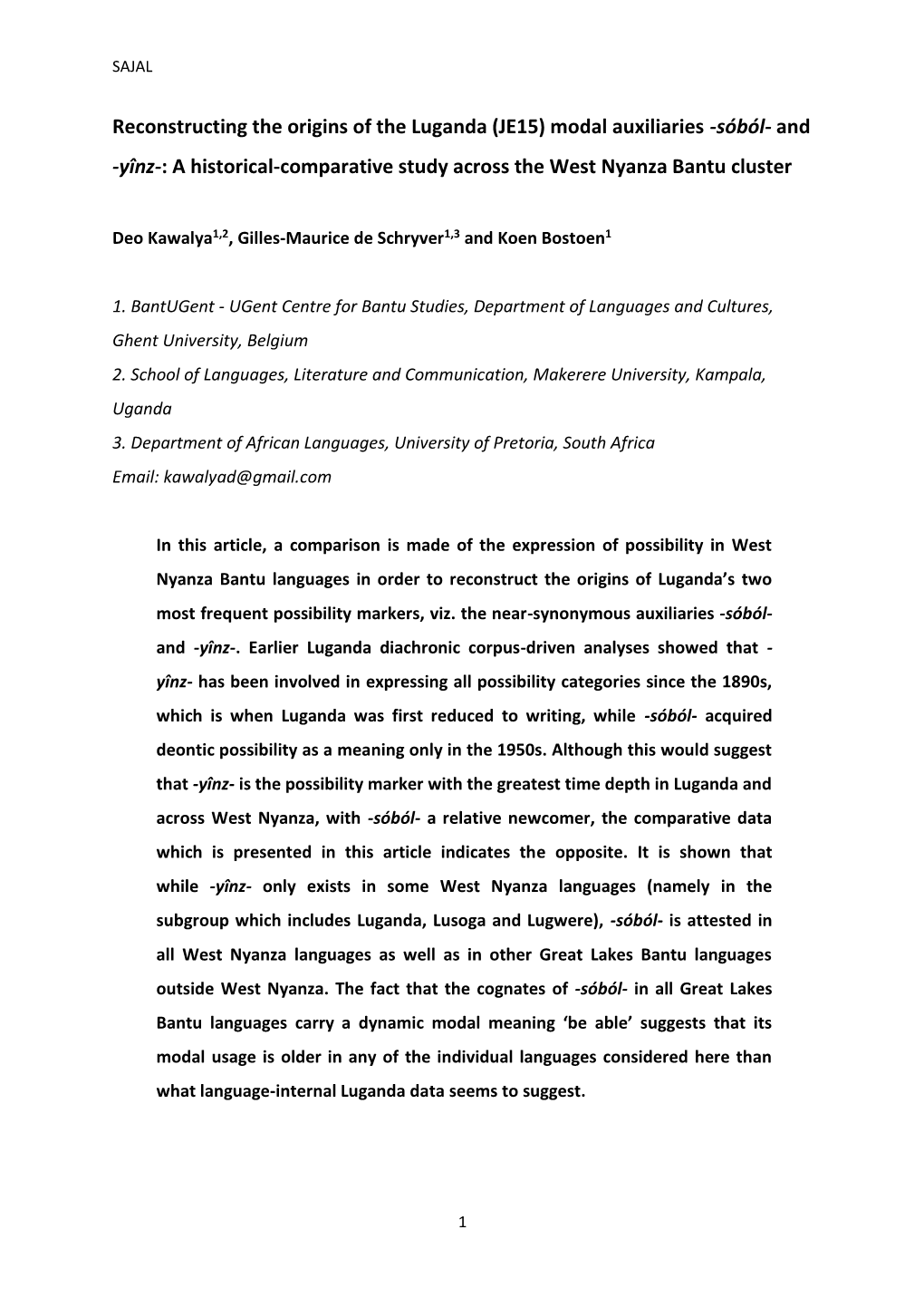 Reconstructing the Origins of the Luganda (JE15) Modal Auxiliaries -Sóból- and -Yînz-: a Historical-Comparative Study Across the West Nyanza Bantu Cluster