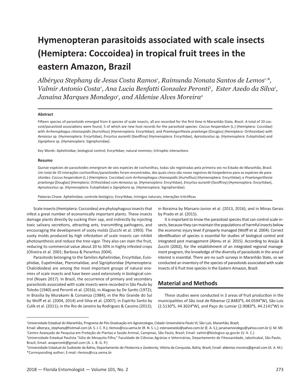 Hymenopteran Parasitoids Associated with Scale Insects (Hemiptera: Coccoidea) in Tropical Fruit Trees in the Eastern Amazon, Brazil