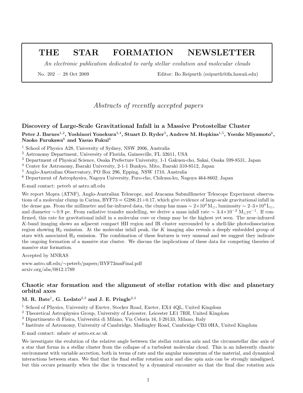 THE STAR FORMATION NEWSLETTER an Electronic Publication Dedicated to Early Stellar Evolution and Molecular Clouds