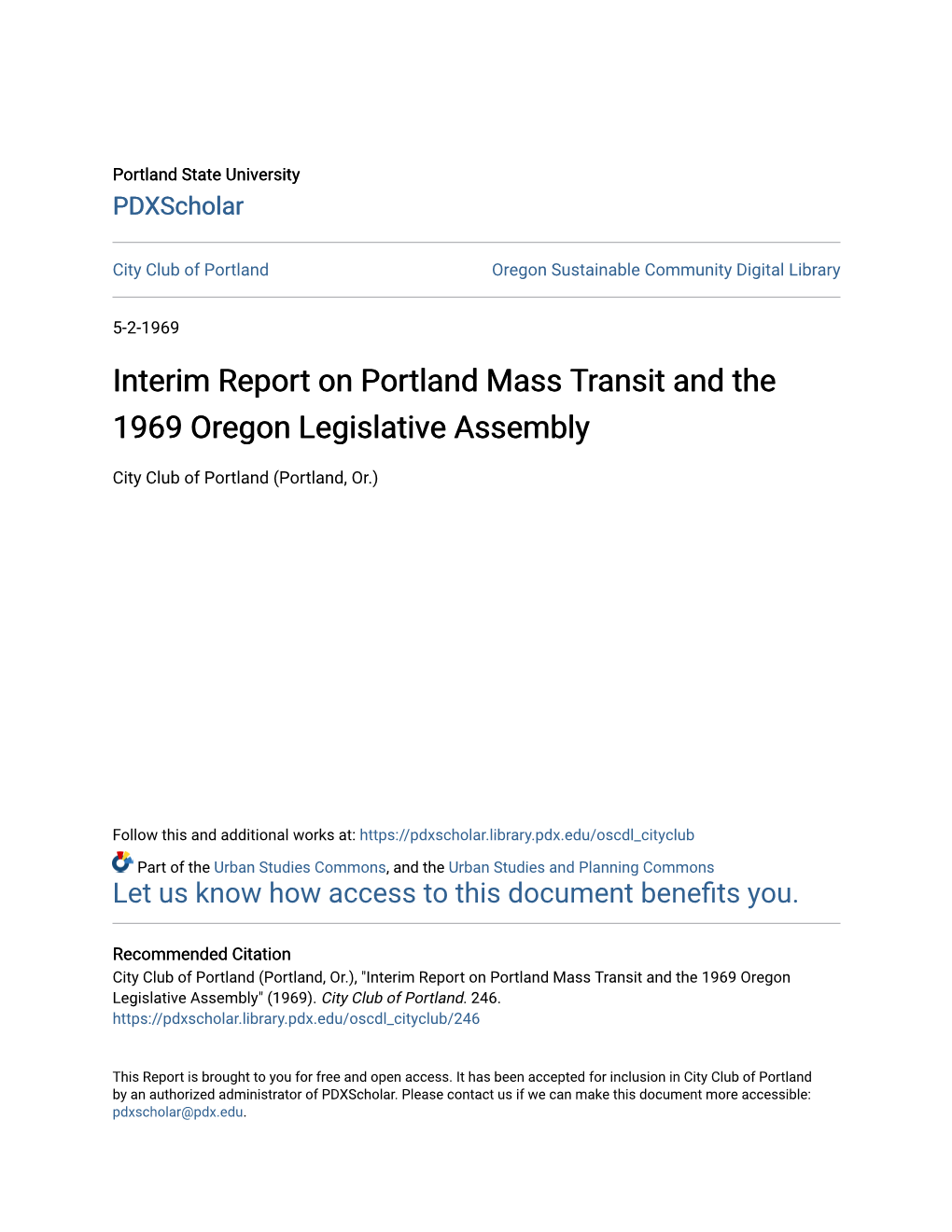 Interim Report on Portland Mass Transit and the 1969 Oregon Legislative Assembly