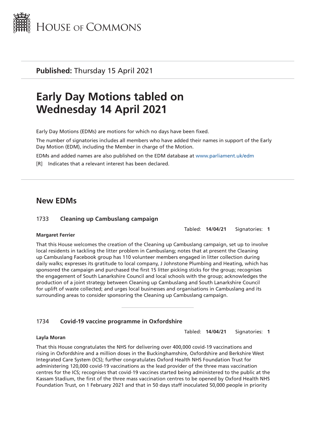 View Early Day Motions PDF File 0.12 MB