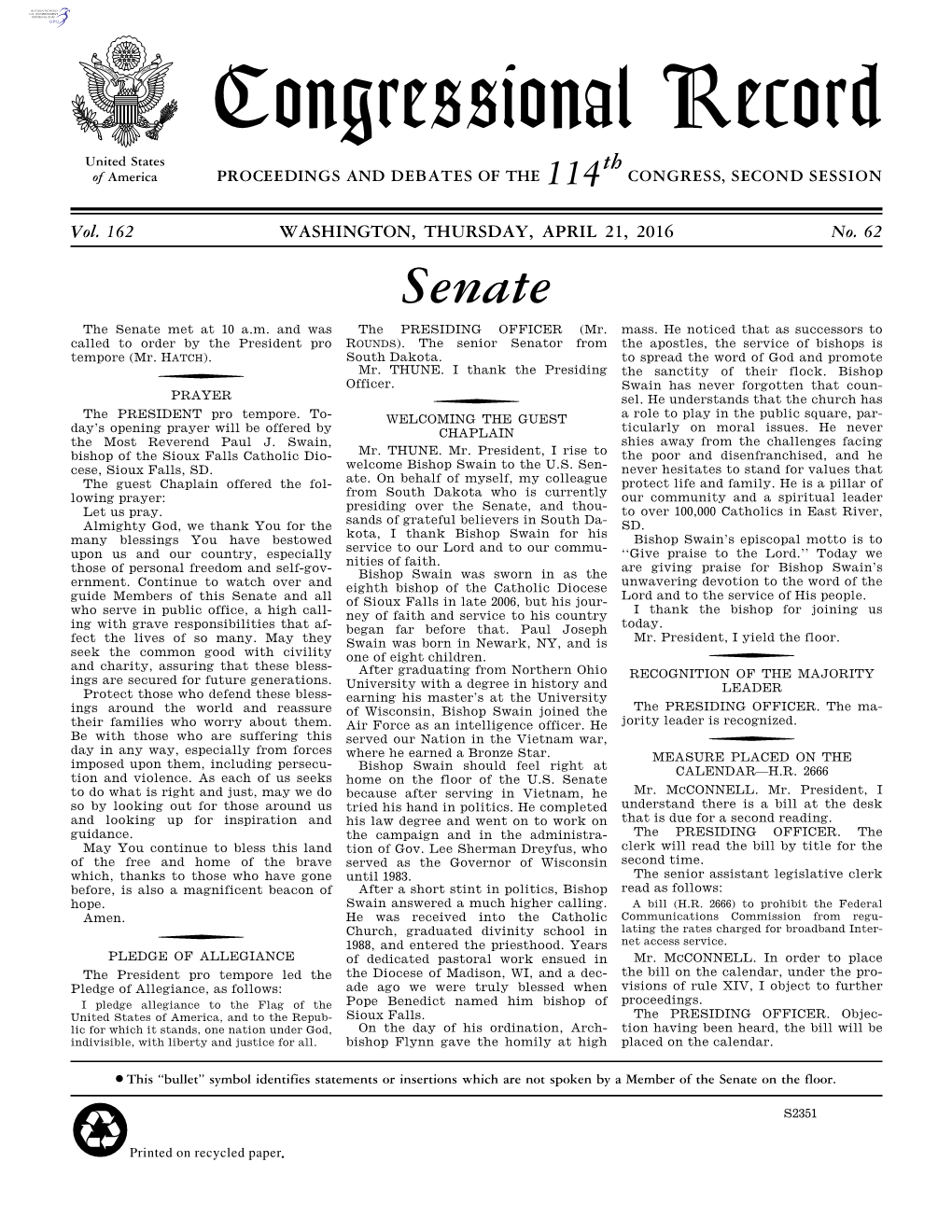 Congressional Record United States Th of America PROCEEDINGS and DEBATES of the 114 CONGRESS, SECOND SESSION