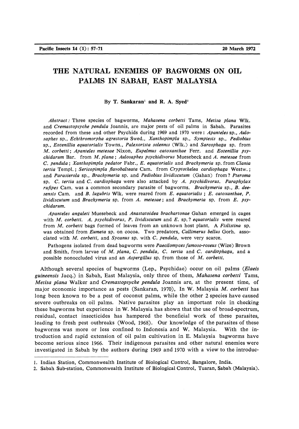 The Natural Enemies of Bagworms on Oil Palms in Sabah, East Malaysia