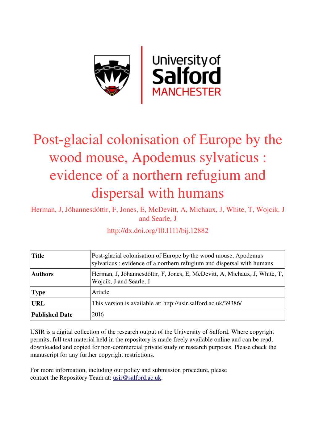 Postglacial Colonisation of Europe by the Wood Mouse