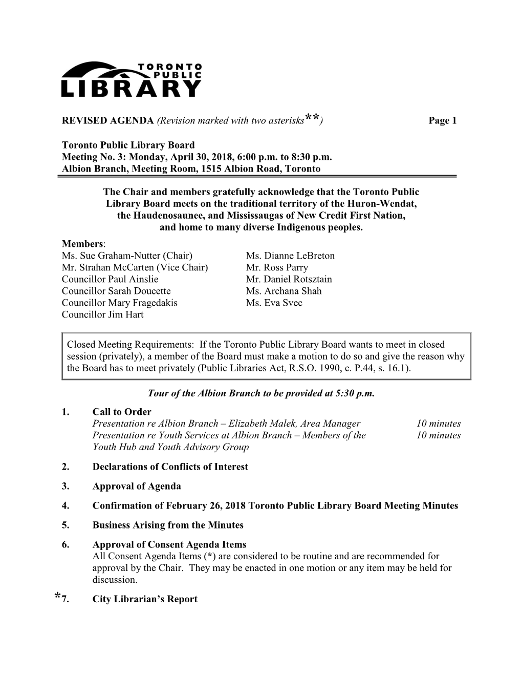 Toronto Public Library Board Meeting No. 3: Monday, April 30, 2018, 6:00 P.M